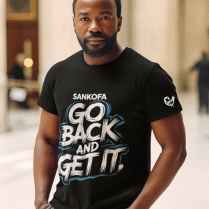 A premium black t-shirt featuring the white Adinkra Sankofa symbol (Go Back and Get It), symbolizing Ghanaian wisdom and remembrance.