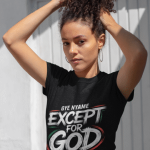 Black t-shirt with a white Gye Nyame Adinkra symbol design, representing the omnipotence of God and spiritual protection.